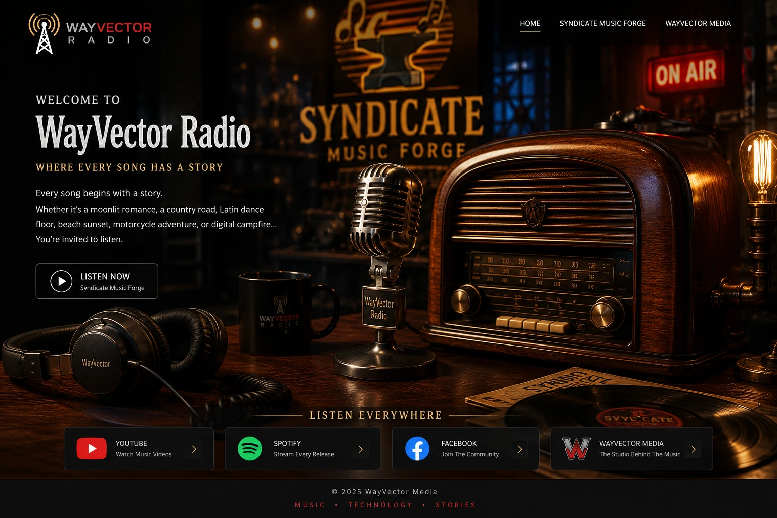 Vintage WayVector Radio studio with classic microphone, wooden radio, headphones and warm amber lighting